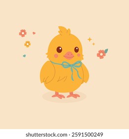 A cute yellow chick with a blue bow, surrounded by flowers and decorative elements. A charming spring illustration, perfect for greeting cards, design, and holiday materials.