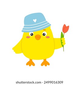 Cute yellow chick in a blue panama holds red rose on white background. Flat vector illustration. Concept for valentines day, women's day, easter