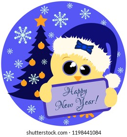 Cute yellow chick with blue santa cap and christmas tree holding nameplate with text Happy New Year