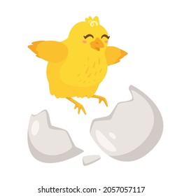 Cute yellow chick breaks free of the shell. Hatching process. Vector illustration isolated on white background.
