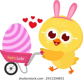 Cute Yellow Chick Cartoon Character Pushing Cart With Decorated Egg. Vector Illustration Flat Design Isolated On Transparent Background