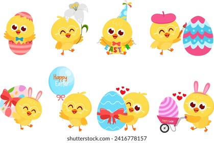 Cute Yellow Chick Cartoon Character. Vector Flat Design Collection Set Isolated On Transparent Background