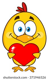 Cute Yellow Chick Cartoon Character Holding Valentine Love Heart. Vector Illustration Isolated On White