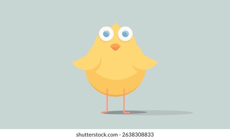Cute Yellow Chick Graphic: Cartoon Bird on Light Blue. A charming, round yellow chick with large blue eyes and an orange beak stands on a light blue background