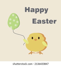 Cute yellow chick with a green Easter egg balloon