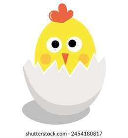 Cute yellow chick hatched from white egg. Easter vector illustration for card, poster, decoration.