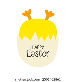 Cute yellow chick hatching from egg with "Happy Easter" lettering on white background. Hand drawn vector illustration