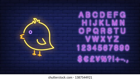 Cute yellow chick neon sign. Poultry design. Night bright neon sign, colorful billboard, light banner. Vector illustration in neon style.