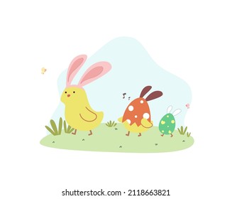 Cute yellow chick with rabbit ears and chicks in easter egg walking together flat vector illustration isolated on white background. Happy Easter. Cute pastel animal character.