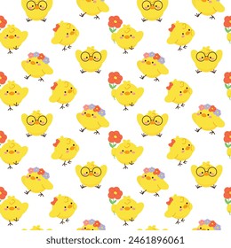 Cute Yellow Chick seamless pattern background vector. Animal hand drawn tile poster of duckling, duck, goose in pattern. Cartoon character creative design illustration for fabric, packaging, tiles.