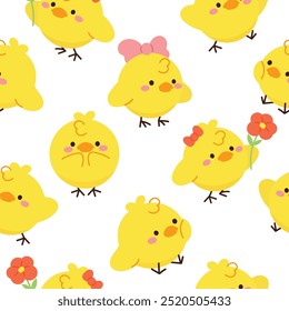 Cute Yellow Chick vetor de fundo de padrão sem emenda. Cartaz de ladrilho desenhado à mão de animal de pato, pato, ganso em padrão. Personagem de desenho animado ilustração de design criativo para tecido, embalagem, telhas.