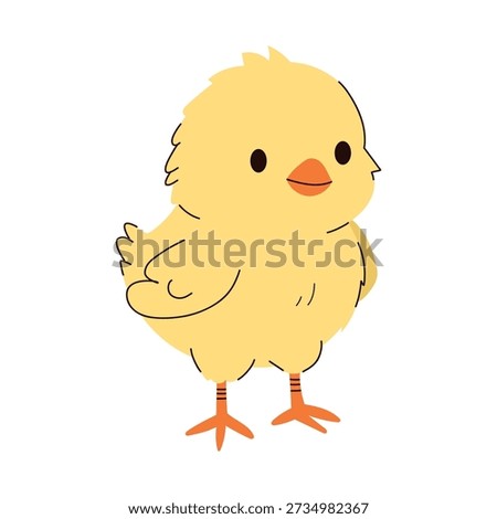 Cute yellow chick with soft rounded shapes on  white background. Cartoon farm animal character ideal for Easter designs, children’s illustrations, nursery decor, stickers, educational materials, greeting cards, posters, storybooks, and spring-themed projects. Animal clipart suitable for web, print, packaging, and playful branding.
