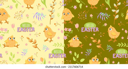Cute yellow chick and spring flowers. Easter colorful illustration and seamless pattern with Hello easter text. Vector cartoon