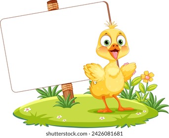 Cute yellow chick standing by an empty sign.
