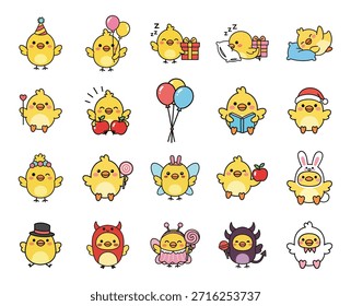 Conjunto de pegatinas de pollito amarillo lindo con varias emociones y trajes en estilo plano de dibujos animados. Perfecto para pegatinas, emojis, contenido infantil, diseño de interfaz de usuario, redes sociales y decoración digital.