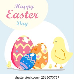 A cute yellow chick surrounded by colorful Easter eggs, symbolizes the joy and renewal of the Easter season.