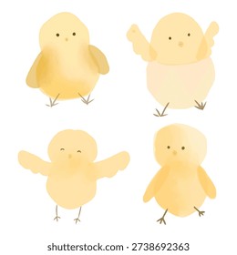 Cute Yellow Chick Vector Collection. Baby Chicken Spring Clipart Set. Easter themed, yellow chicken cartoon with cracked eggshell.