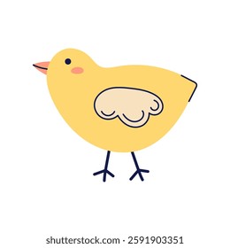 Cute yellow chick walks to the side. Happy Easter hand drawn card. Flat illustration with partial outline. Isolated vector illustration.