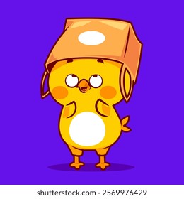 A cute yellow chick wearing a paper bag as a hat, looking up with a curious and playful expression on a vibrant purple background.