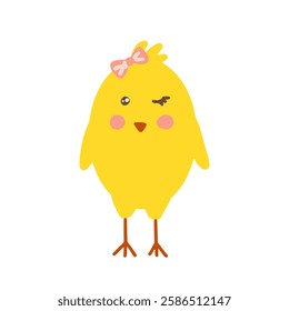 Cute yellow chick wears a pink bow, embodying the festive spirit of Easter isolated on white vector illustration