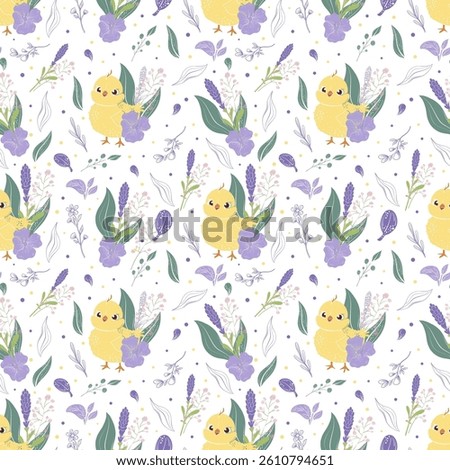 Cute yellow chick with wild violet flowers and leaves, Easter seamless pattern, Children fabric, card, banner, vector illustration