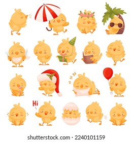 Cute Yellow Chicken Character Engaged in Different Activity Big Vector Set