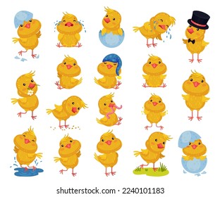 Cute Yellow Chicken Character Engaged in Different Activity Big Vector Set