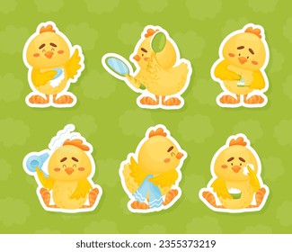 Cute Yellow Chicken Character Enjoy Spa Vector Sticker Set