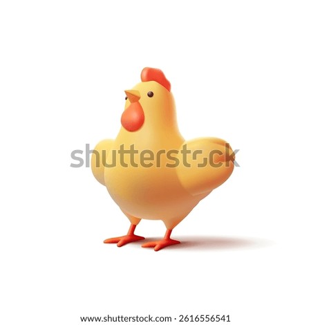 Cute yellow chicken character with spread wings, 3D. Pile on a white background for design concepts of advertising and packaging. Vector illustration.