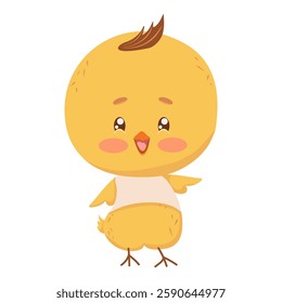 Cute yellow chicken chick in white t-shirt standing on two legs. Vector drawing of little chicken, funny bangs and pink blush. Smiling male character isolated on background for holiday decor, birthday