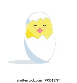 Cute yellow chicken hatched from the eggs for Easter on a white background