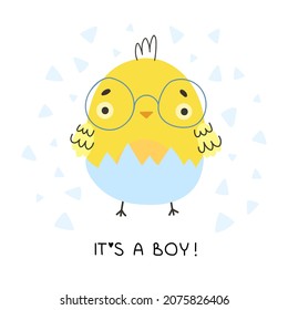 Cute yellow chicken hatched out of the egg. It’s a boy! Baby in the family. Newborn little yellow cartoon chick for Easter design. Cartoon vector illustration.