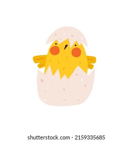 Cute yellow chicken hatched out of the egg. Newborn little funny chick emergence from egg. Elements for Easter designs. Cartoon vector illustration.