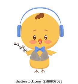 Cute yellow chicken with headphones. Vector male chick in vest and tie. Texture pattern in color. Christian Easter symbol. Cheerful print for clothes, calendars. Sprig of fluffy willow in your hand