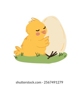 Cute yellow chicken hugging egg, sitting on grass. Concept for Easter. Hand drawn style isolated illustration. For d cor, textiles, design