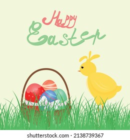 cute yellow chicken is looking at a basket of Easter eggs on the lawn in the grass. A postcard template with the text of Happy Easter. Cartoon vector illustration in flat style