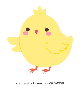 A cute yellow chicken with a pink beak and a pink head. The chicken is standing on its two legs and has a pink wing