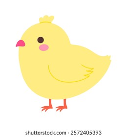 A cute yellow chicken with a pink beak. The chicken is standing on its two legs and looking up