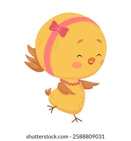 Cute yellow chicken with pink ribbon and beads. Vector color texture pattern. Girl chick is a symbol of traditional Easter. Fun print for clothes, calendars