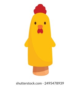Cute yellow chicken puppet standing isolated on white background