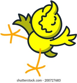 Cute yellow chicken raising its right leg, extending its wings and moving its head upwards while smiling with tenderness and satisfaction in a touching way