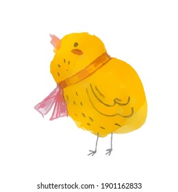 Cute yellow chicken with a red scarf around the neck. Watercolor vector illustration. Easter holiday. Isolated.