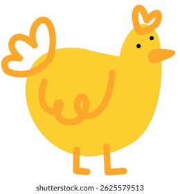 Cute yellow chicken with simple cartoon lines and rounded shapes. Created in a flat vector style for playful children’s content. Ideal for Easter, baby products, and spring-themed designs.
