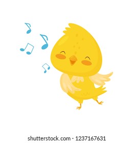 Cute Yellow Chicken Singing, Funny Bird Cartoon Character Vector Illustration On A White Background