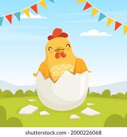Cute Yellow Chicken Sitting in Broken Egg Shell on Spring or Summer Landscape Vector Illustration