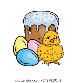 Cute yellow chicken sitting near Easter cake and painted eggs. Vector illustration for Easter card,print and sticker