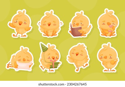 Cute Yellow Chicken Sleep, Read Book and Drink Tea Vector Sticker Set