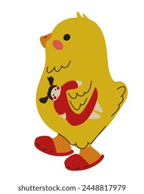 Cute yellow chicken with a toy. Fairy tale. Vector illustration.
