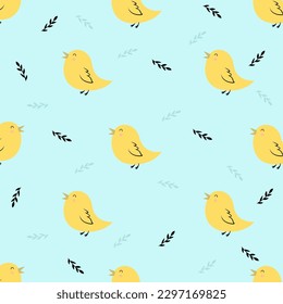 Cute yellow chicken with twigs