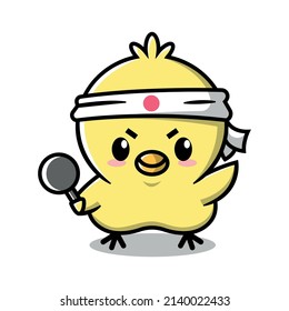 A CUTE YELLOW CHICKEN IS WEARING JAPANESE HEADBAND AND BRINGING A FRYING PAN. CARTOON MASCOT DESIGN.